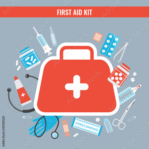 First aid kit with medical equipment. First emergency aid concept in flat style, vector illustration.