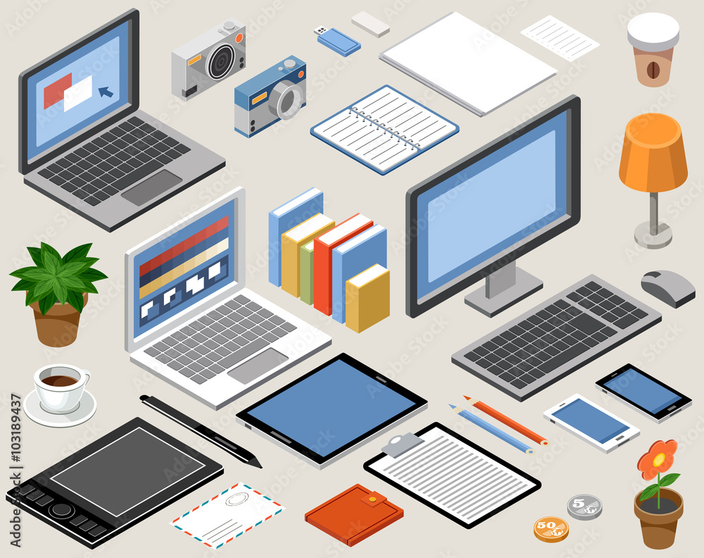 Flat isometric vector workspace. laptop, tablet, books, camera, office, graphic tablet, lamp, coffee