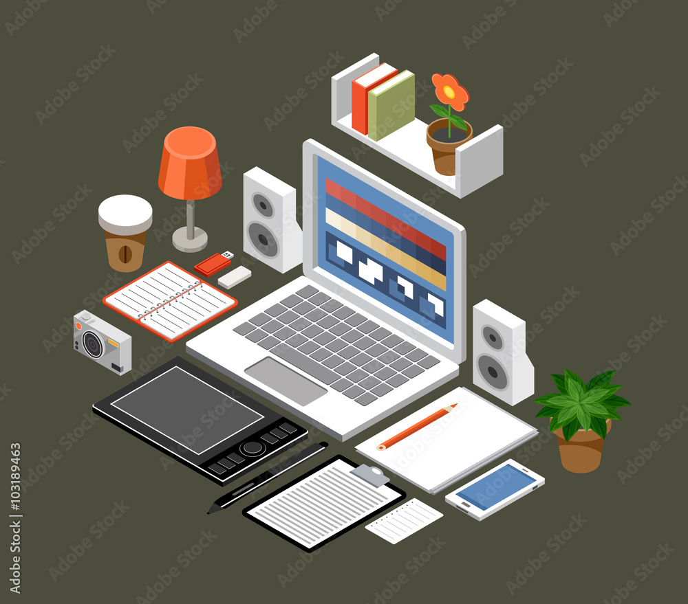 Flat isometric vector workspace. Office. laptop, tablet, books, camera, office, graphic tablet, lamp, coffee Flat isometric vector workspace. Office. laptop, tablet, books, camera, office, graphic tablet, lamp, coffee