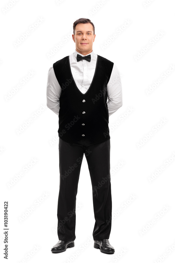 Full length portrait of a cheerful male waiter Full length portrait of a cheerful male waiter