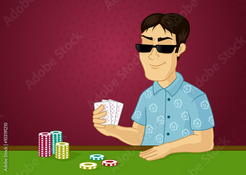 Poker player with sunglasses vector cartoon illustration