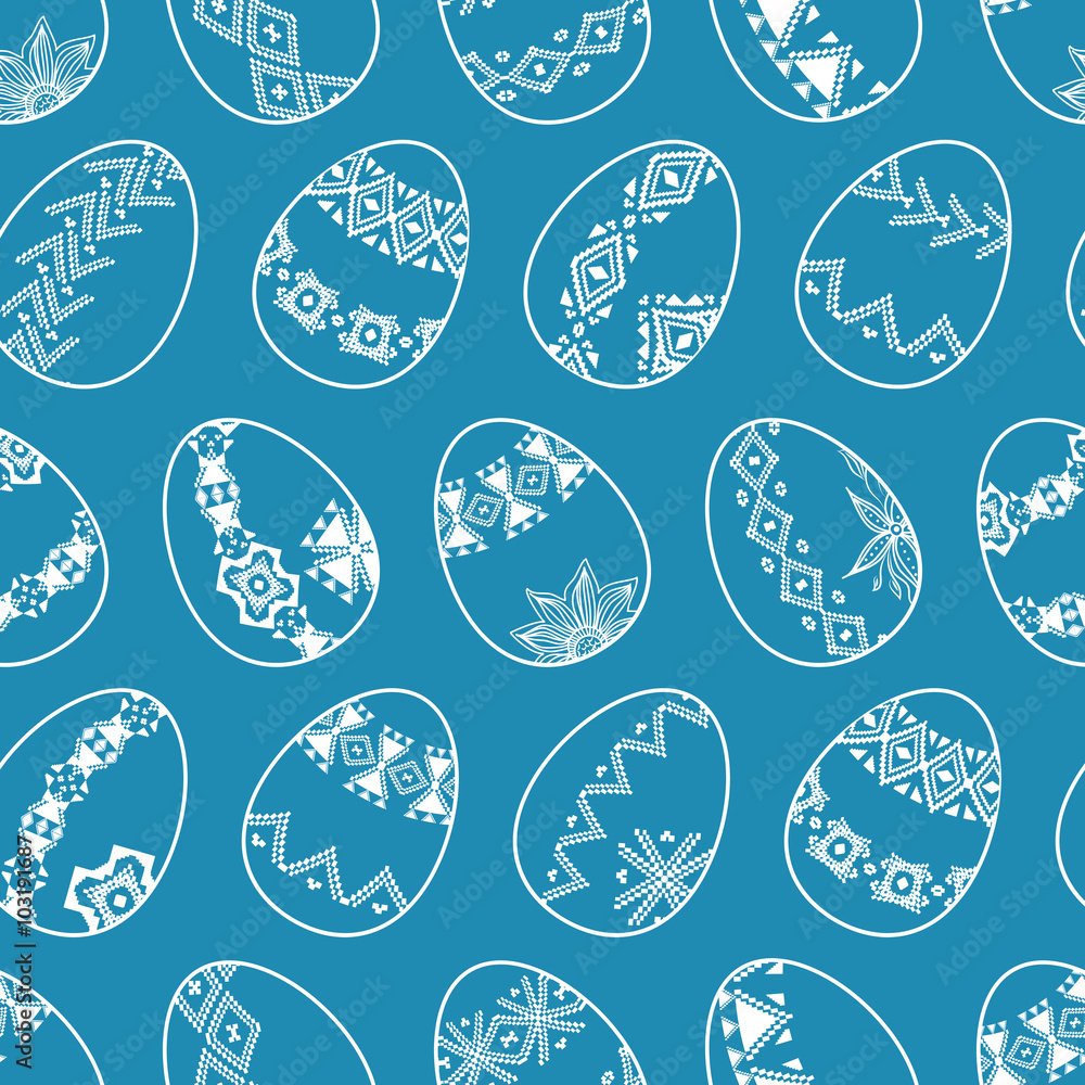 Vector seamless texture. Easter eggs with tribal borders and flowers on blue background Vector seamless texture. Easter eggs with tribal borders and flowers on blue background