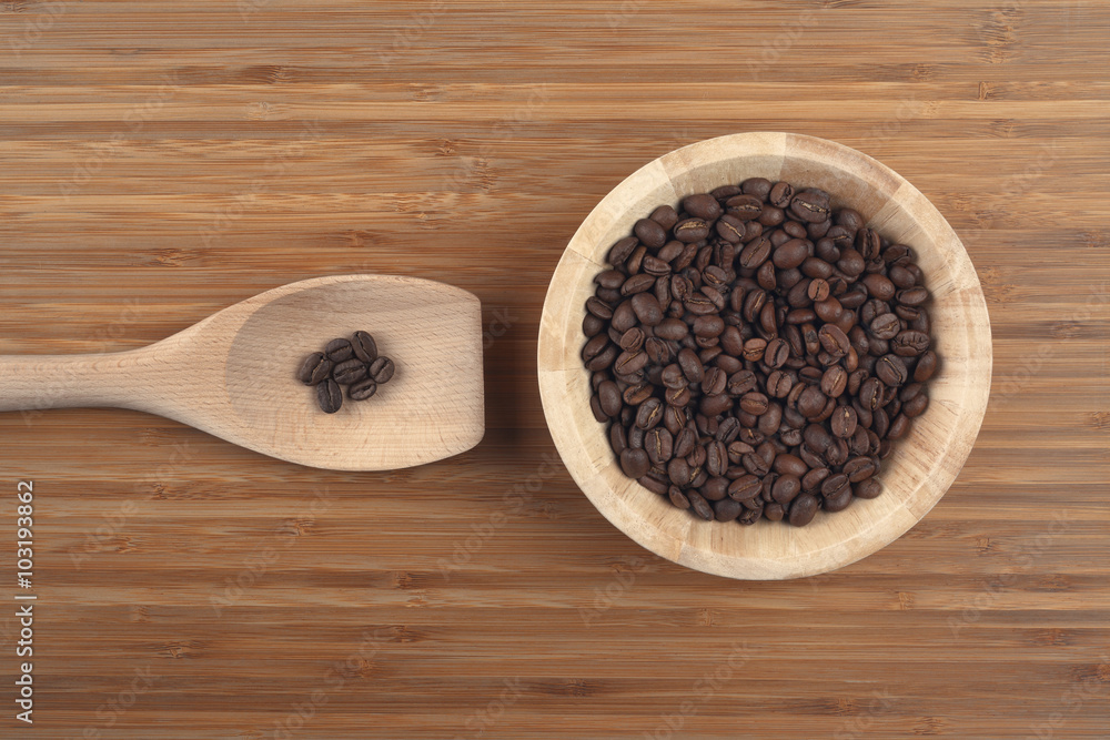 Coffee beans in bowl on wooden background Coffee beans in bowl on wooden background