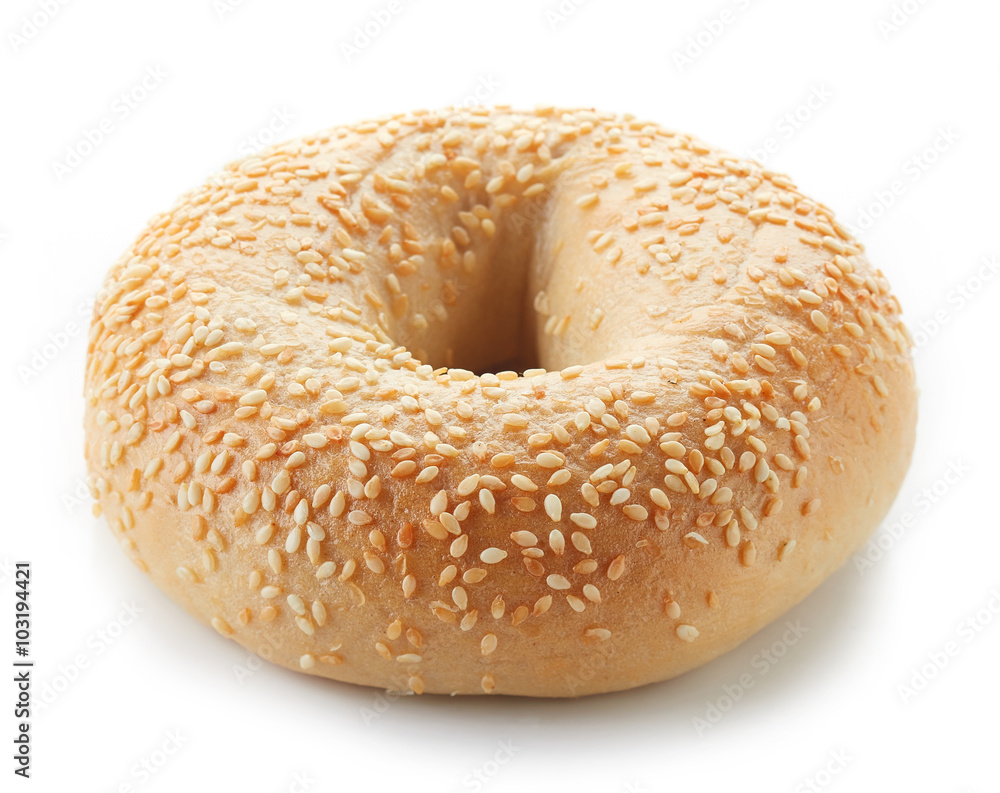 Fresh sesame bagel isolated on white background Fresh sesame bagel isolated on white background
