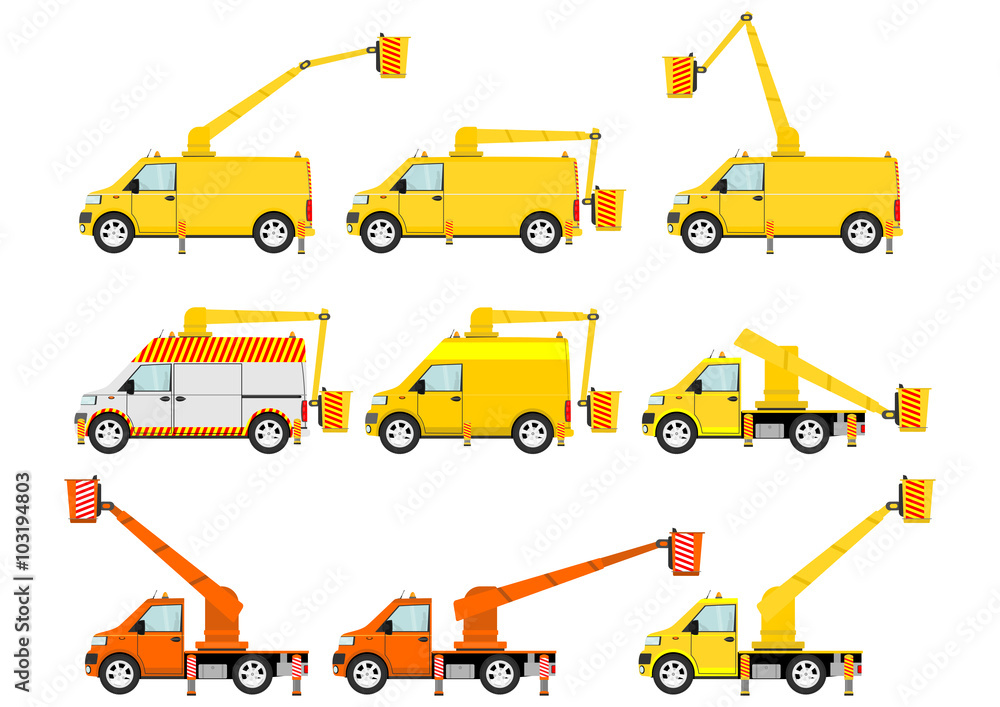 Cartoon self drive platforms (cherry pickers) on the white background. Vector Cartoon self drive platforms (cherry pickers) on the white background. Vector
