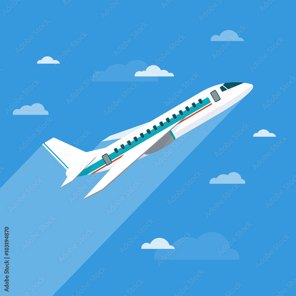 Detailed flying airplane  with clouds 