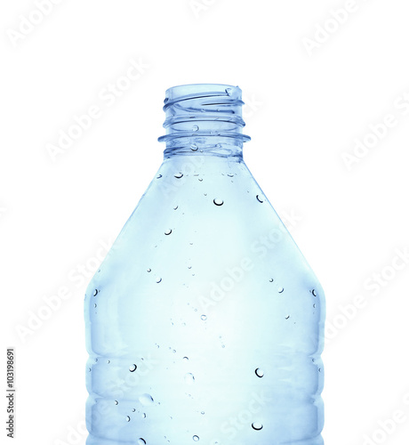 Close up view of a plastic water bottle against white background
