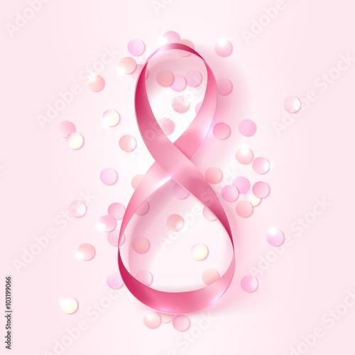 8 March, International Women's Day. Figure eight made out of silk pink ribbon with confetti. Vector illustration, design template.