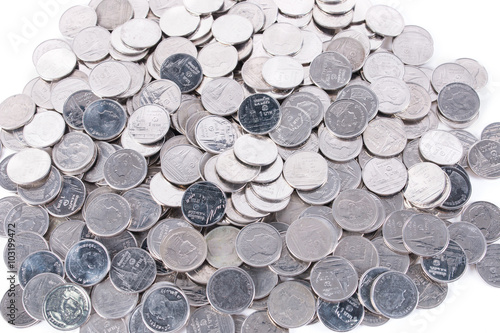pile of one baht coins isolated one white