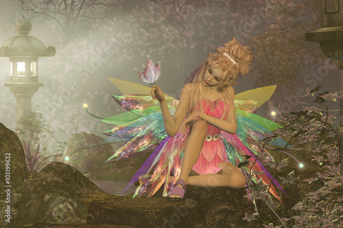 Fairy Dreams - A small fairy with wings waits as a pink butterfly lands on her finger in a magical woodland forest.
