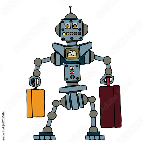 Little robot brought suitcases, electronic computer device. Vector