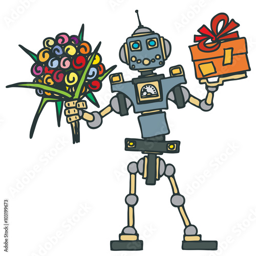 Little robot brought flowers and gifts, electronic computer device. vector