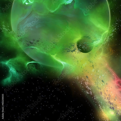 Fototapeta Naklejka Na Ścianę i Meble -  Planet Beginning - A spheroid shape emerges from the formation of a new planet as it's gravity gathers matter from surrounding rocks and debris.