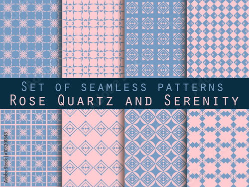 Set of seamless patterns. Geometric seamless pattern. Rose quartz and serenity violet colors.