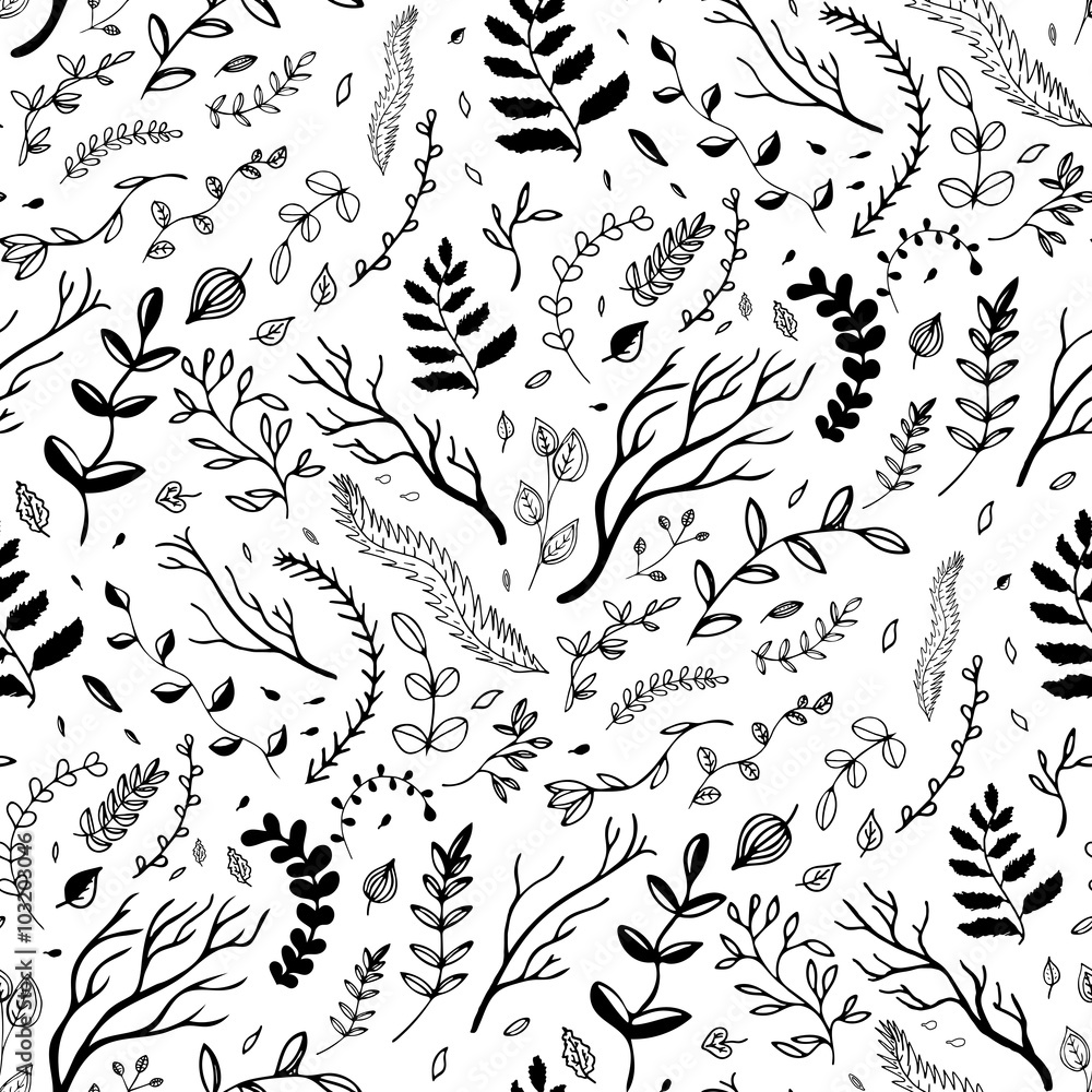 Fototapeta premium Seamless pattern. Hand drawn branches and leaves.