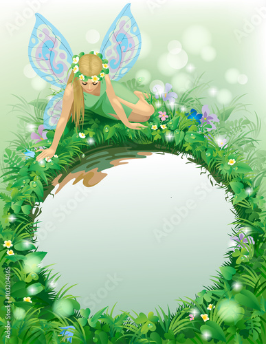 Fairy girl with blue wings seated near the round pond bordered b