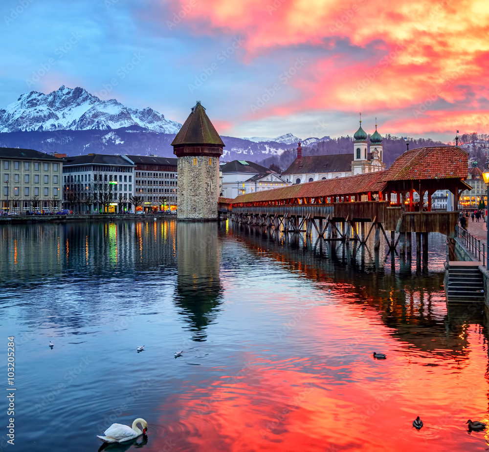 Dramatic sunset over the old town of Lucerne, Switzerland