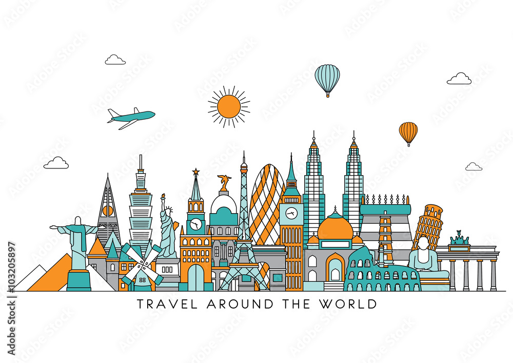 Travel and tourism background. Vector background. line illustration. Line  art style Stock Vector | Adobe Stock