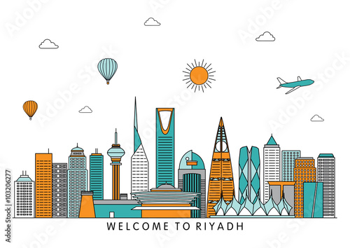 Riyadh detailed Skyline. Travel and tourism background. Vector background. line illustration. Line art style