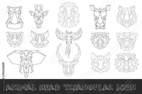 Front view of animal head triangular icon set, geometric trendy line design. Vector illustration for tattoo or coloring book.Africa collection