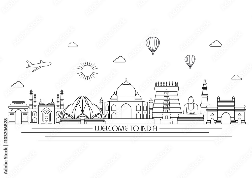 India detailed Skyline. Travel and tourism background. Vector background.  line illustration. Line art style Stock Vector | Adobe Stock