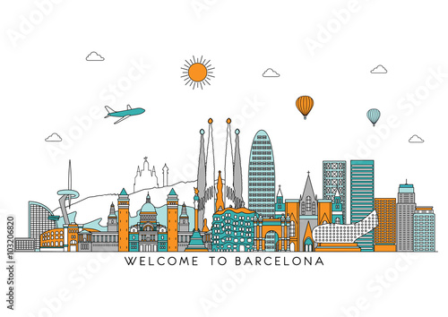 Barcelona detailed Skyline. Travel and tourism background. Vector background. line illustration. Line art style