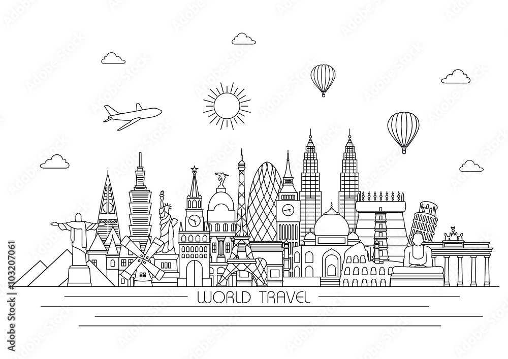 World detailed Skyline. Travel and tourism background. Vector background. line illustration. Line art style
