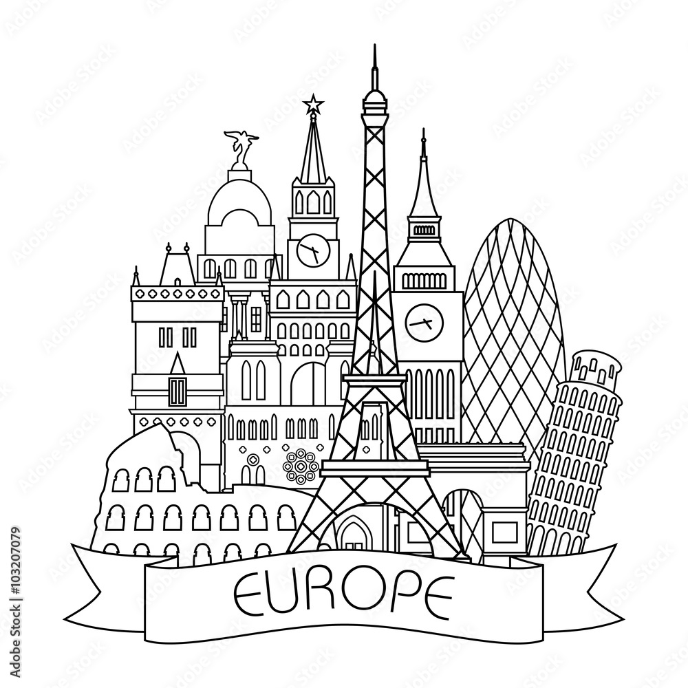 Europe detailed Skyline. Travel and tourism background. Vector background. line illustration. Line art style