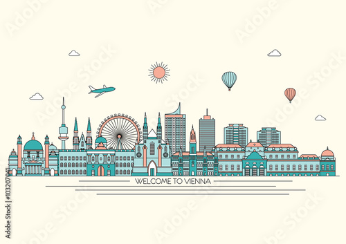 Vienna detailed Skyline. Travel and tourism background. Vector background. line illustration. Line art style