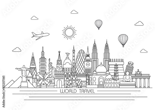 World detailed Skyline. Travel and tourism background. Vector background. line illustration. Line art style