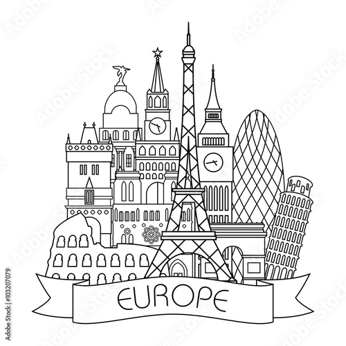 Europe detailed Skyline. Travel and tourism background. Vector background. line illustration. Line art style