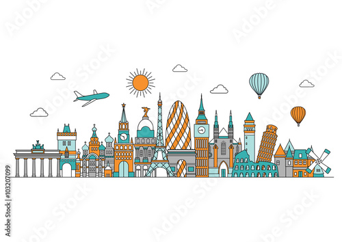 Europe detailed Skyline. Travel and tourism background. Vector background. line illustration. Line art style