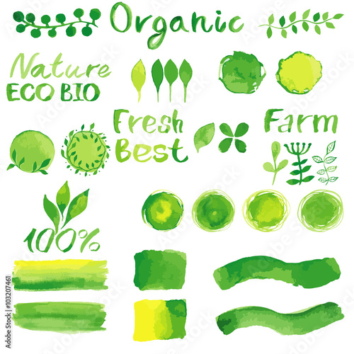 Set of watercolor green logos with lettering, text, words, branc