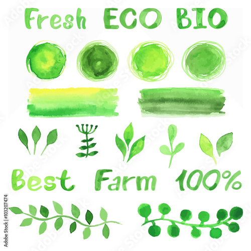 Set of green watercolor organic bio backgrounds, spots, font, lo