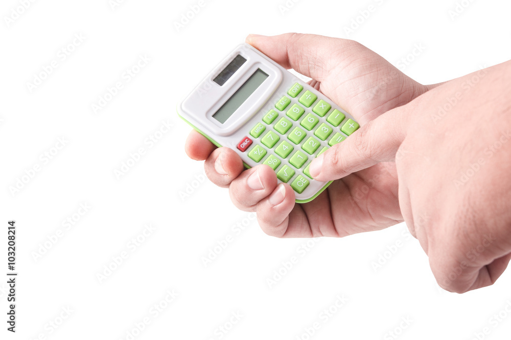 Man hand holding with calculator isolated on white background Man hand holding with calculator isolated on white background