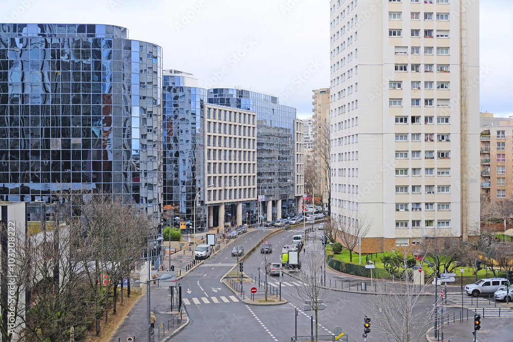 Defense, Paris, France, February 9, 2016: sky-scrapers in a Paris district Defense. Because of it's modern .architecture this district is called the Paris Manhattan