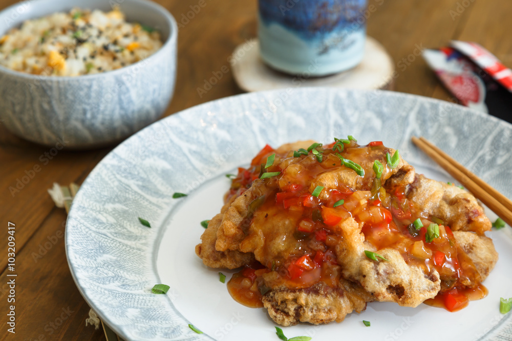 Sweet and sour pork with fried rice