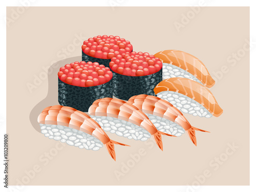 Sushi with caviar, salmon and shrimp.