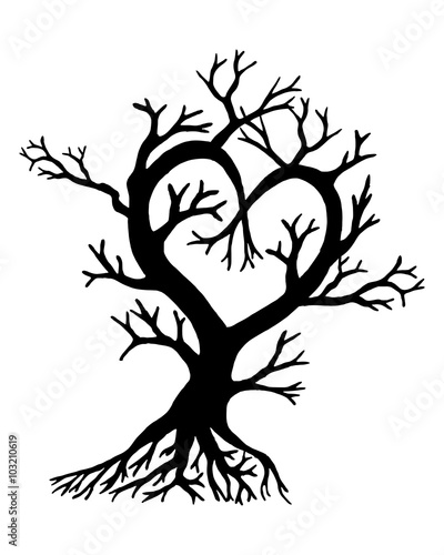 Silhouette of a tree in the shape of a heart. Isolated on white background.