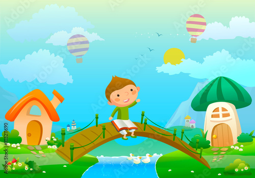  illustration about boy with book and fairy landscape