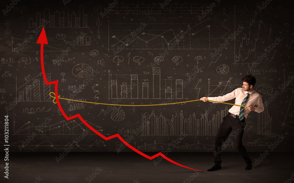Businessman pulling a red arrow upright with a rope Businessman pulling a red arrow upright with a rope