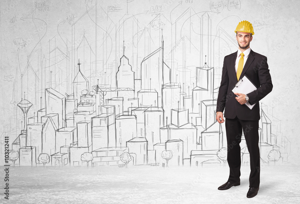 Construction worker with cityscape background Construction worker with cityscape background