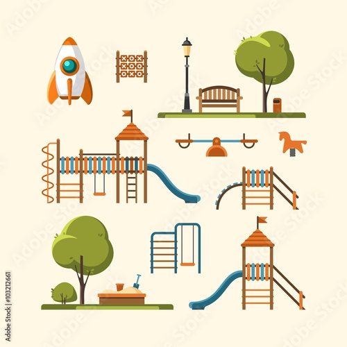 Kids playground, city park set. Vector illustration.