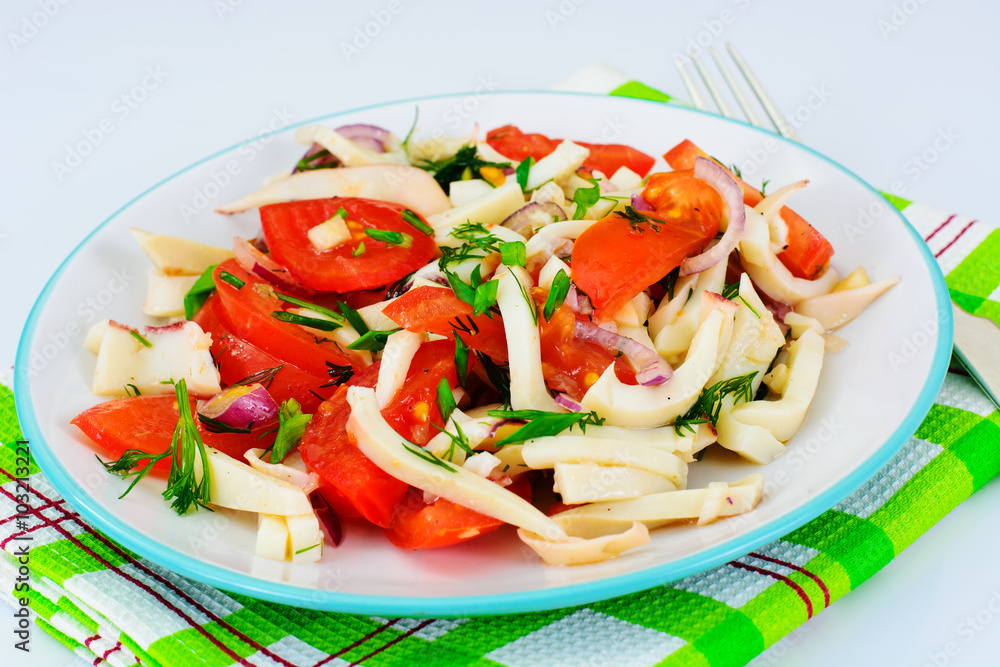 Salad with Squid, Tomato, Red Onion, Vegetable Oil Salad with Squid, Tomato, Red Onion, Vegetable Oil