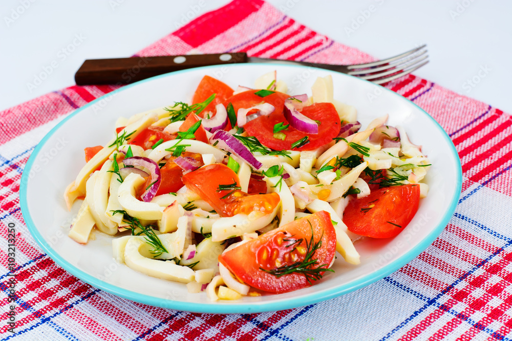 Salad with Squid, Tomato, Red Onion, Vegetable Oil Salad with Squid, Tomato, Red Onion, Vegetable Oil