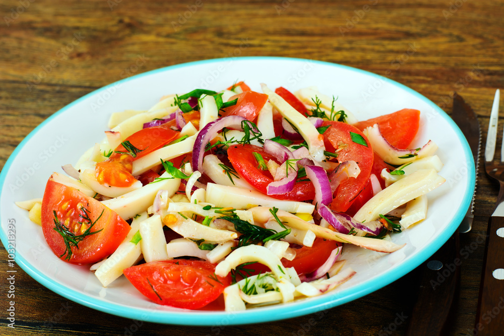 Salad with Squid, Tomato, Red Onion, Vegetable Oil Salad with Squid, Tomato, Red Onion, Vegetable Oil