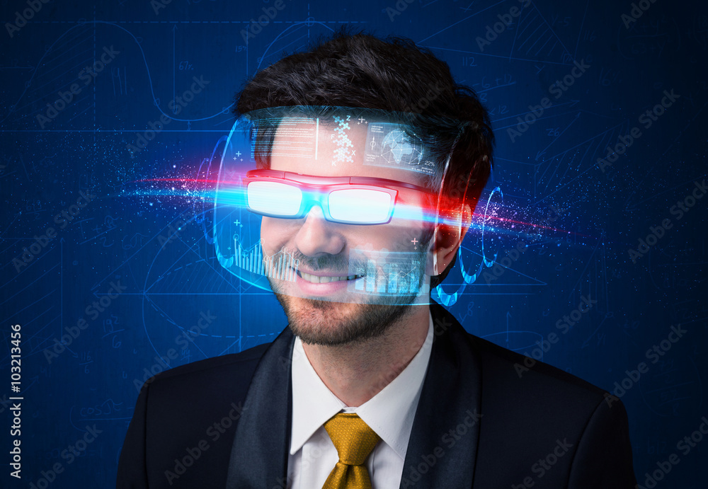 Man with future high tech smart glasses Man with future high tech smart glasses