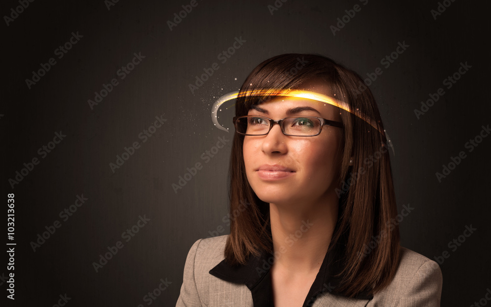 Pretty woman looking with futuristic high tech glasses Pretty woman looking with futuristic high tech glasses