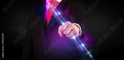 Business man holding future technology data system network