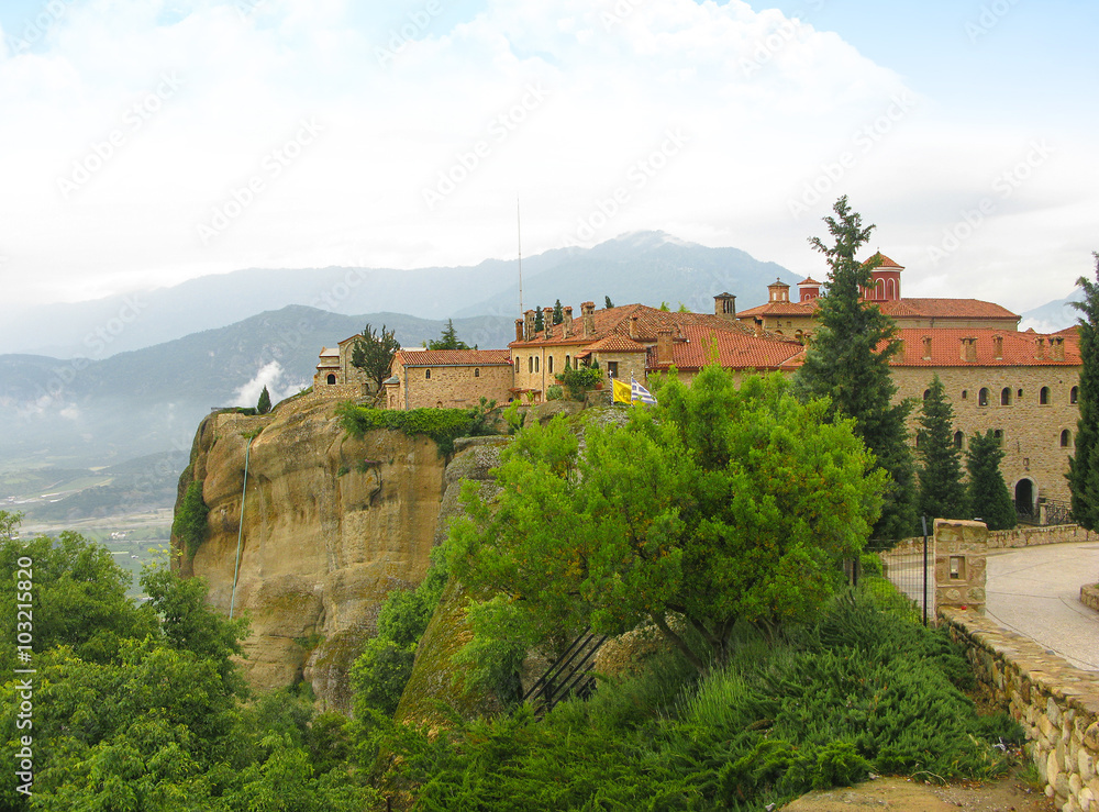 Meteora, Greece. Agios Stefanos Monastery (Saint Stethanos) at the complex of Meteora, landscape place of monasteries on the rock, orthodox religious greek landmark in Thessaly